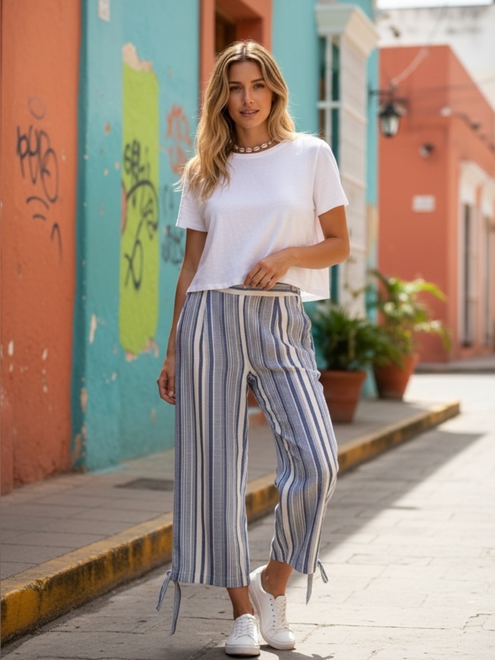 Misslook striped tie hem high rise pants l